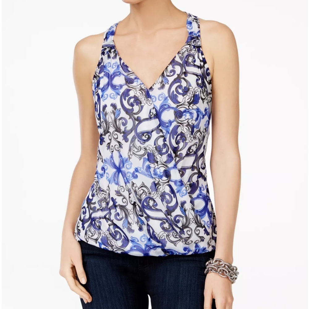 I.N.C. Sleeveless Printed Surplice Top Blue Black White XL
